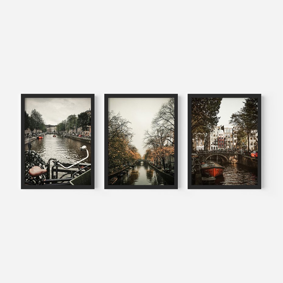 Zestaw obrazy w ramie, plakaty - Amsterdam, kanał, miasto - rama czarna