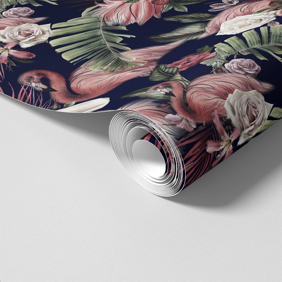 Tapeta - flamingo, liście, kwiaty