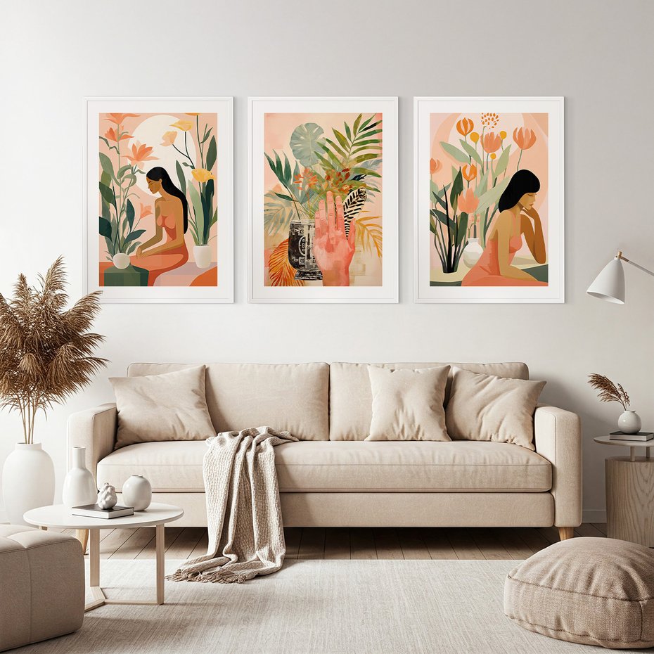 Zestaw obrazy w ramie, plakaty - kobieta, kwiaty, liście - rama biała