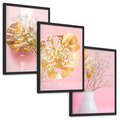 Zestaw obrazy w ramie, plakaty - kwiaty, liście, złoty - rama czarna