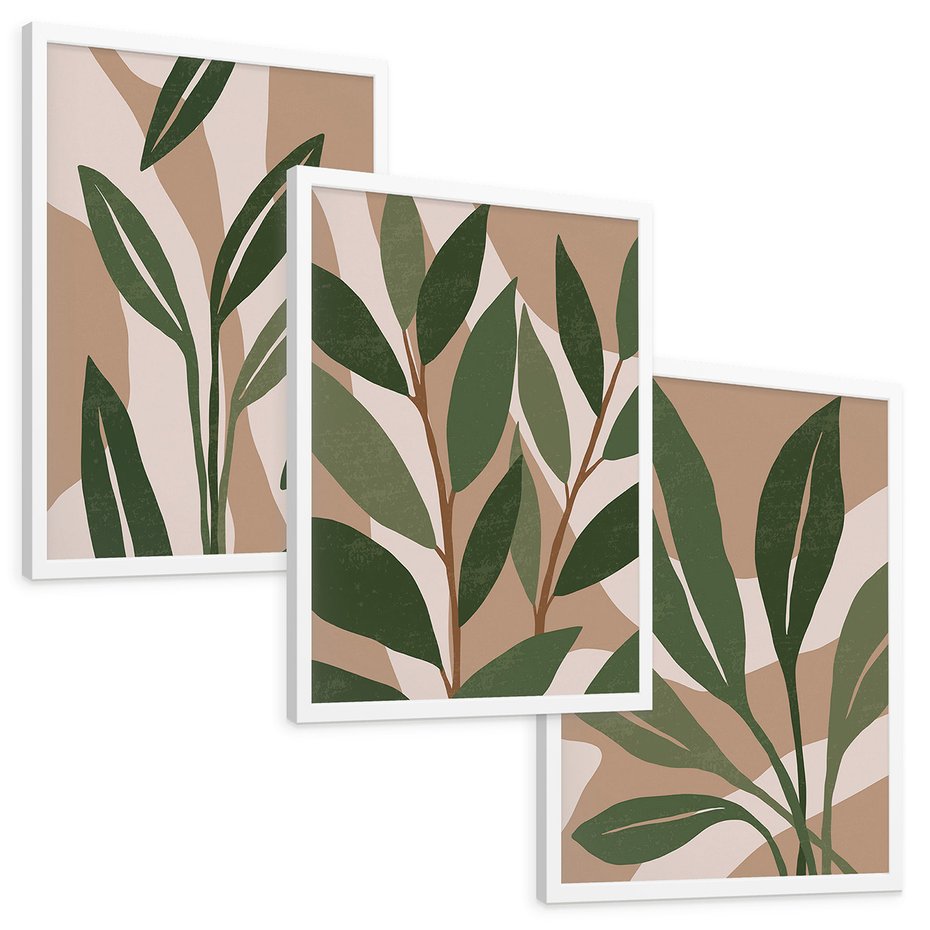 Zestaw obrazy w ramie, plakaty - liście, rośliny, abstrakcja - rama biała