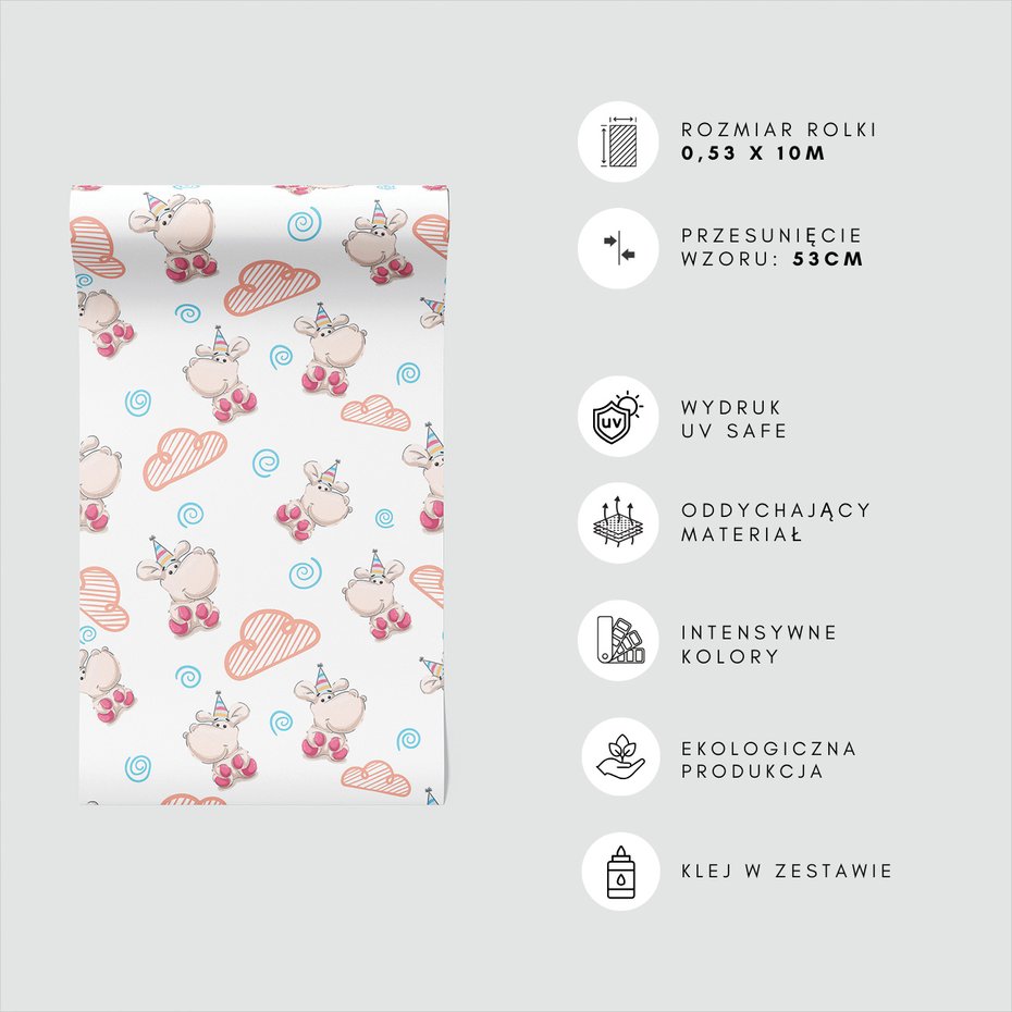 Tapeta - dziecięca, hipopotam, chmura, spirala