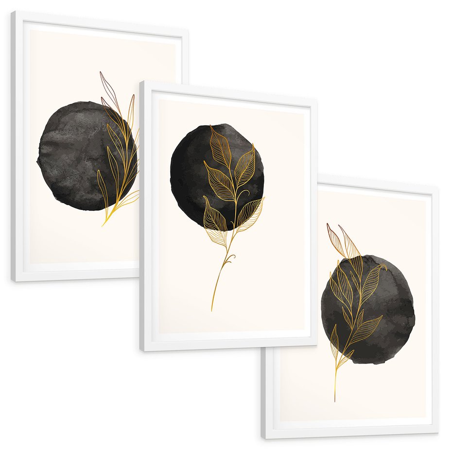 Zestaw obrazy w ramie, plakaty - liście, kropka, abstrakcja - rama biała