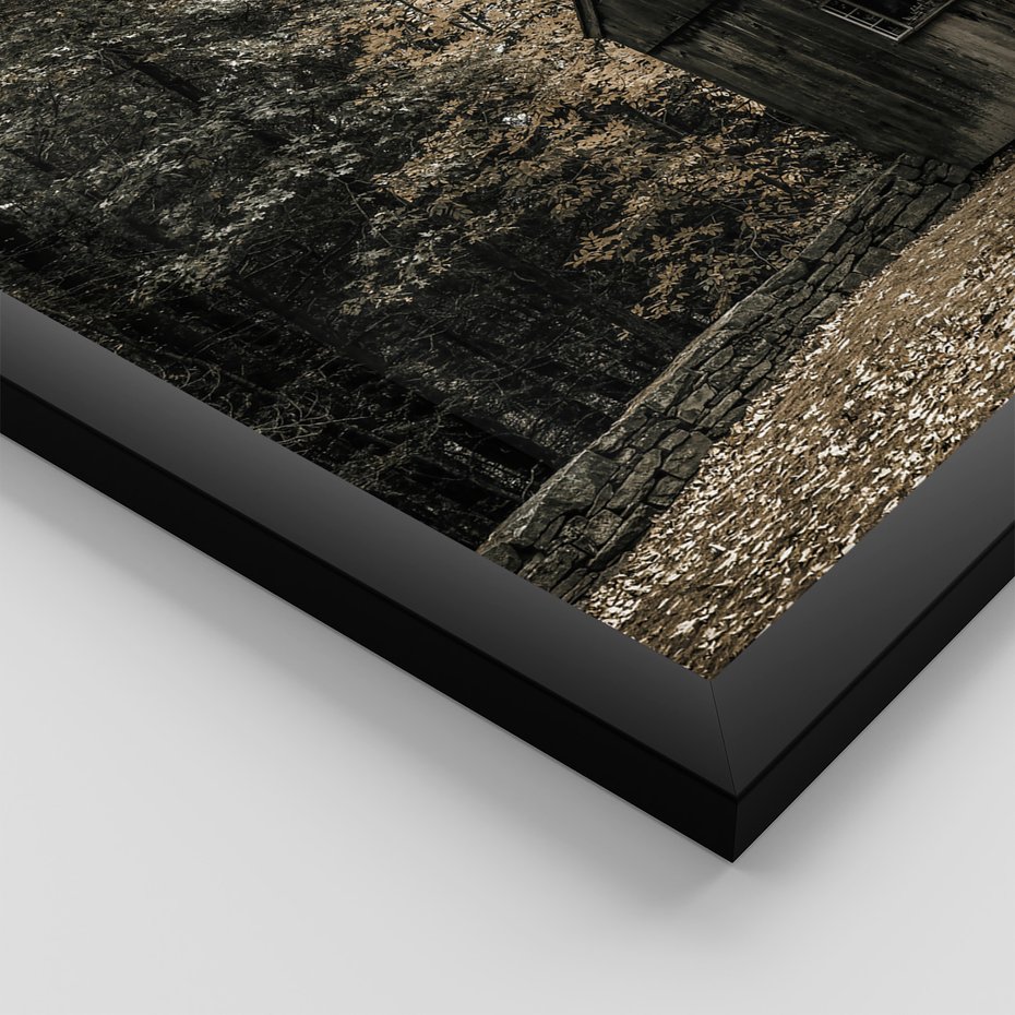 Zestaw obrazy w ramie, plakaty - drewno,domek,las - rama czarna