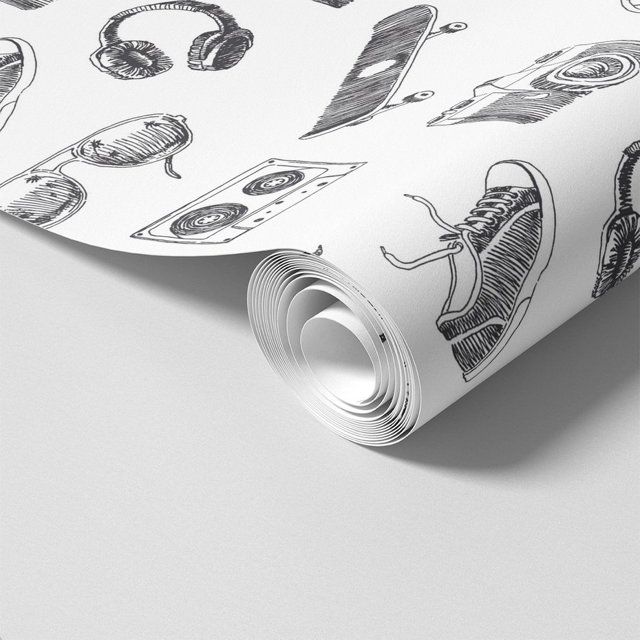 Tapeta - słuchawki, deskorolka, retro