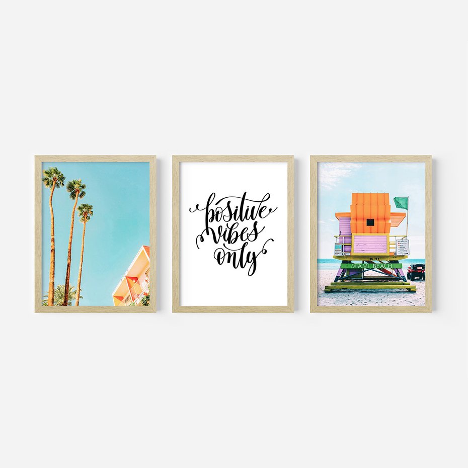 Zestaw obrazy w ramie, plakaty - palmy, plaża, tropikalny - rama drewno