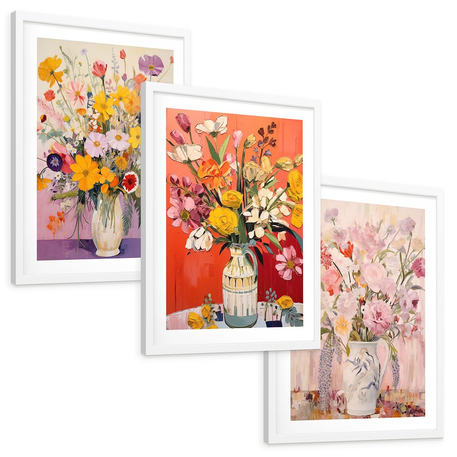 Zestaw obrazy w ramie, plakaty - kwiaty, wazon, bukiet - rama biała