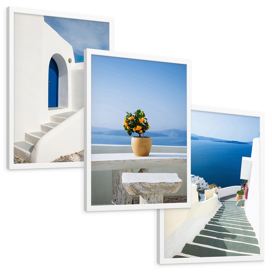Zestaw obrazy w ramie, plakaty - Grecja, morze, Santorini - rama biała
