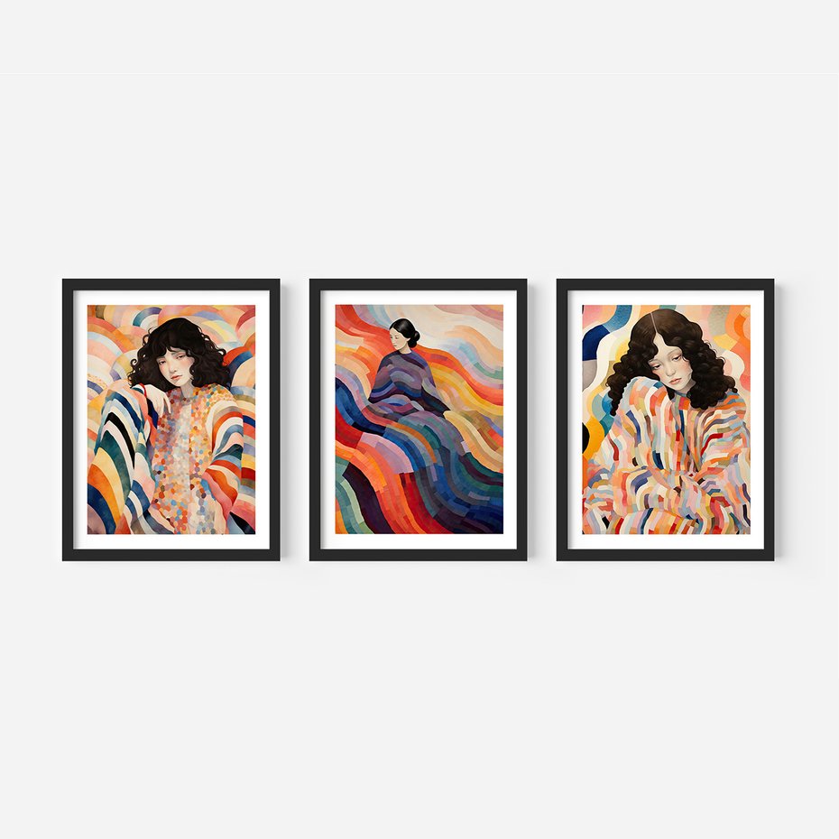 Zestaw obrazy w ramie, plakaty - kobieta, wzory, kolory, - rama czarna