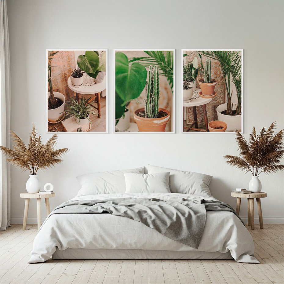 Zestaw obrazy w ramie, plakaty - rośliny, doniczki, wnętrze - rama biała