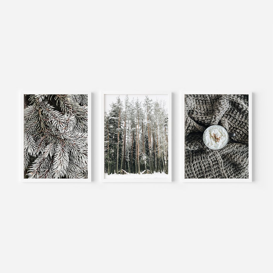 Zestaw obrazy w ramie, plakaty - zima, śnieg, las - rama biała