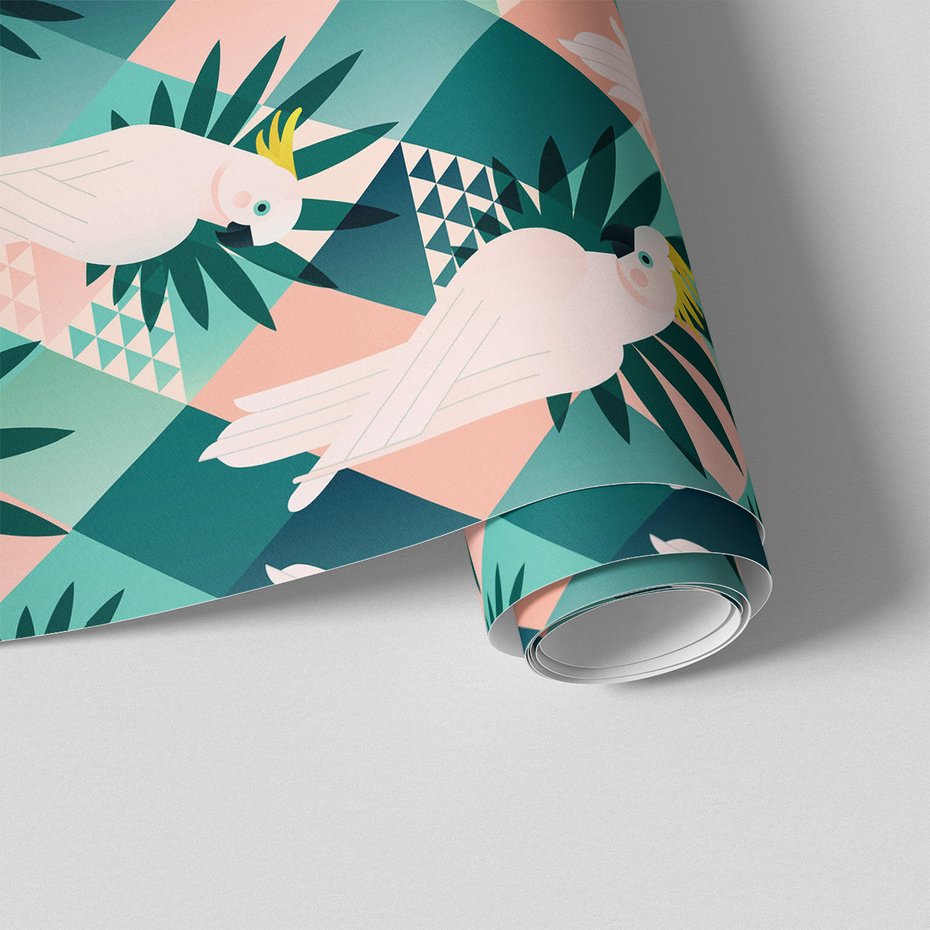 Tapeta - papuga, liście, trójkąty