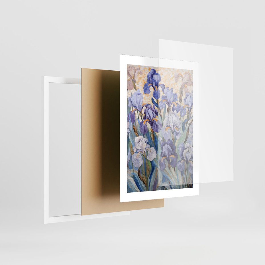 Zestaw obrazy w ramie, plakaty - kwiaty, irysy, rośliny - rama biała