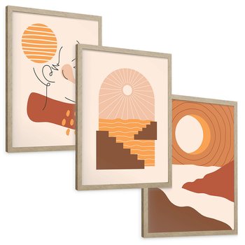 Zestaw obrazy w ramie, plakaty - abstrakcja, boho, minimalizm - rama drewno