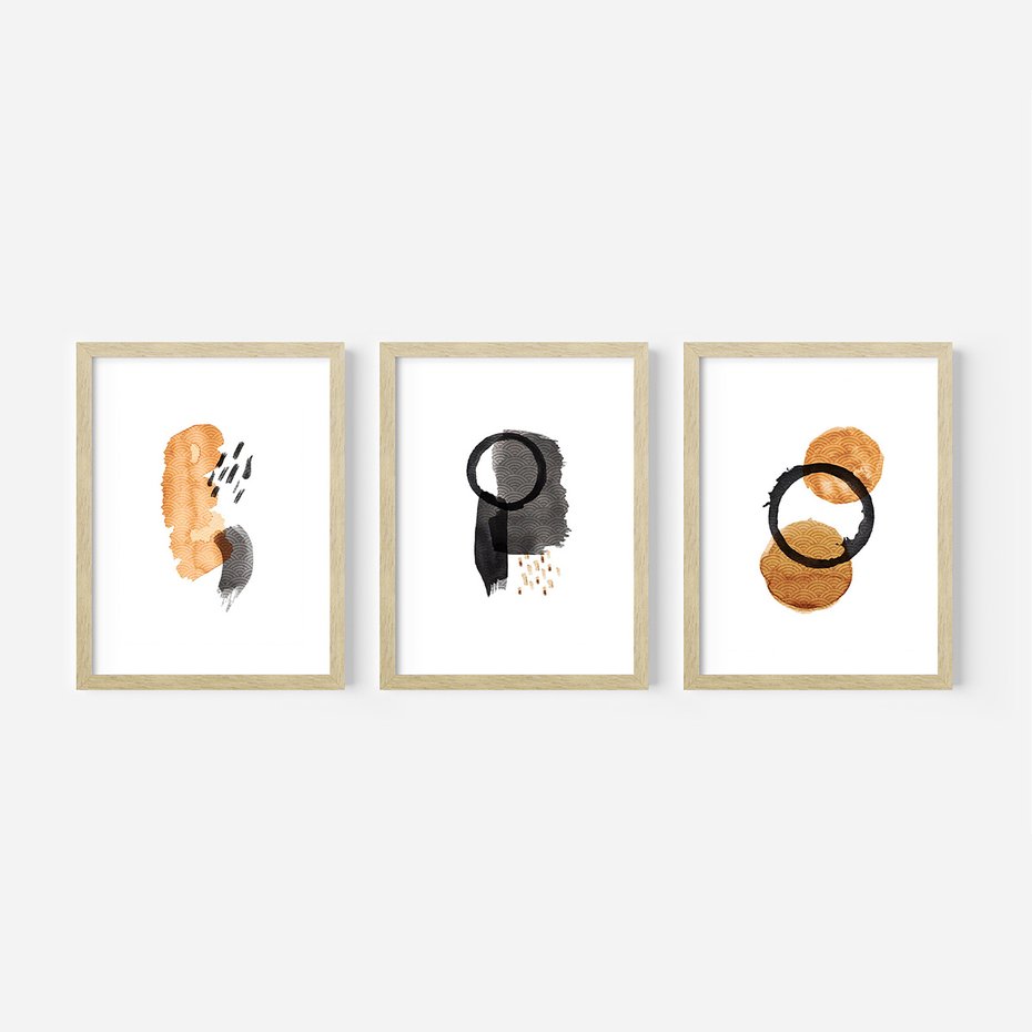 Zestaw obrazy w ramie, plakaty - abstrakcja, geometryczne, kształty - rama drewno