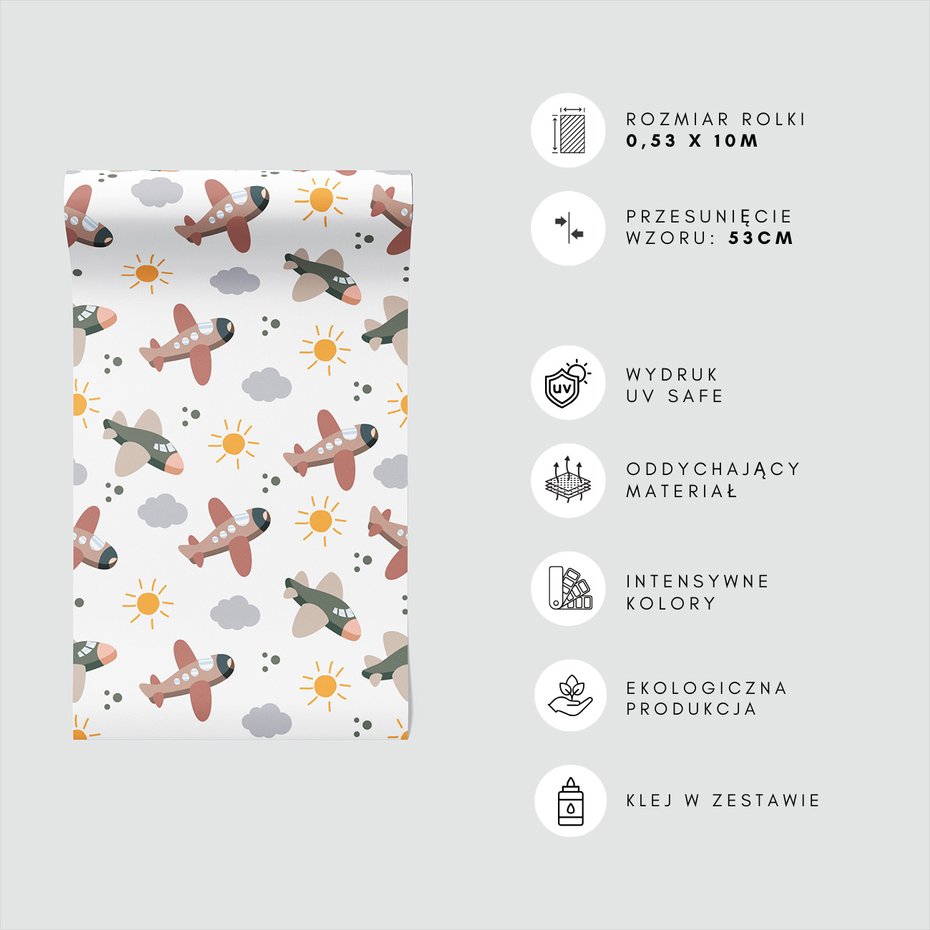 Tapeta - dziecięca, samoloty, słońca, chmury