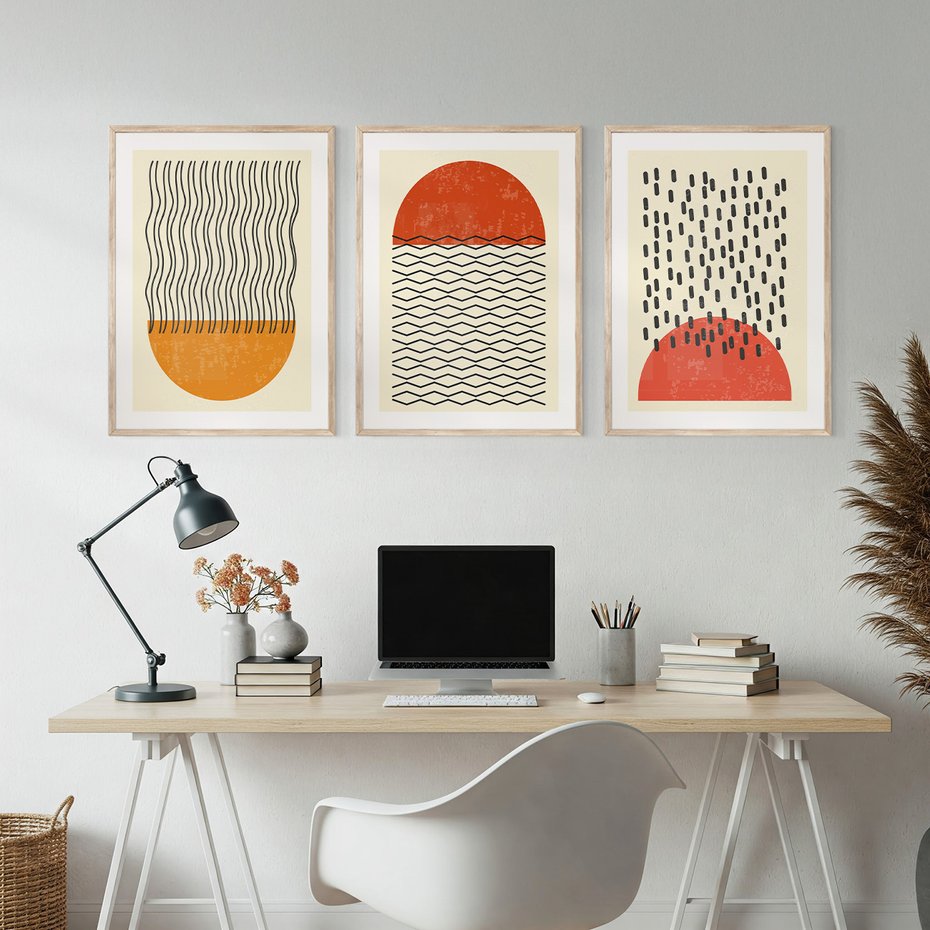Zestaw obrazy w ramie, plakaty - abstrakcja, minimalizm, wzory - rama drewno