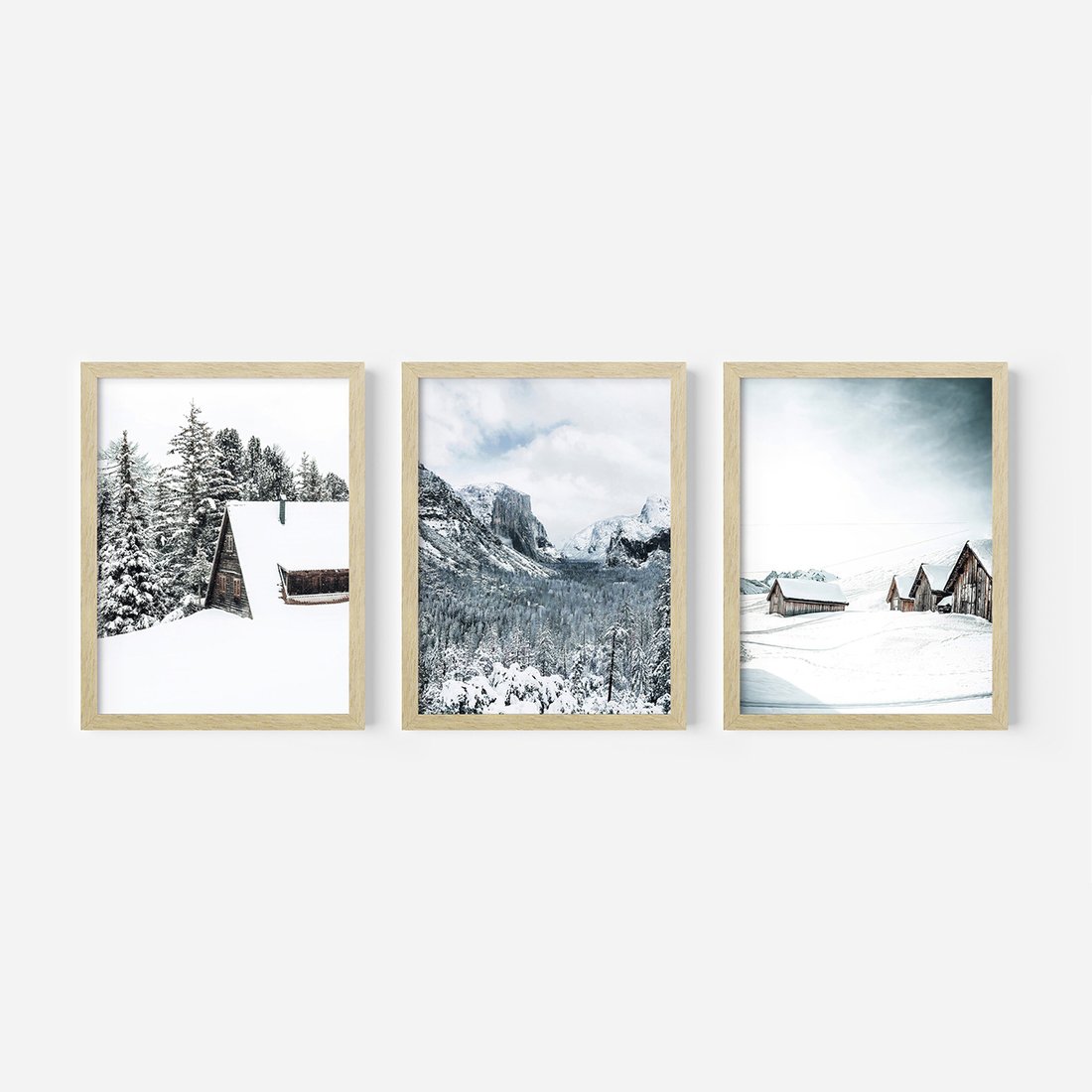 Zestaw obrazy w ramie, plakaty - zima, śnieg, góry - rama drewno