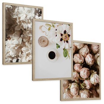 Zestaw obrazy w ramie, plakaty - kwiaty, róże, bukiet - rama drewno