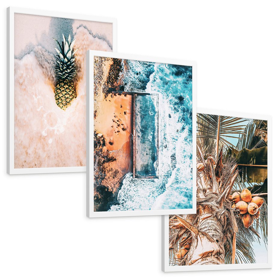 Zestaw obrazy w ramie, plakaty - ananas, plaża, kokosy - rama biała
