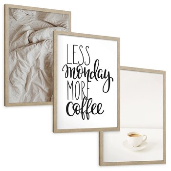 Zestaw obrazy w ramie, plakaty - kawa, łóżko, minimalizm - rama drewno