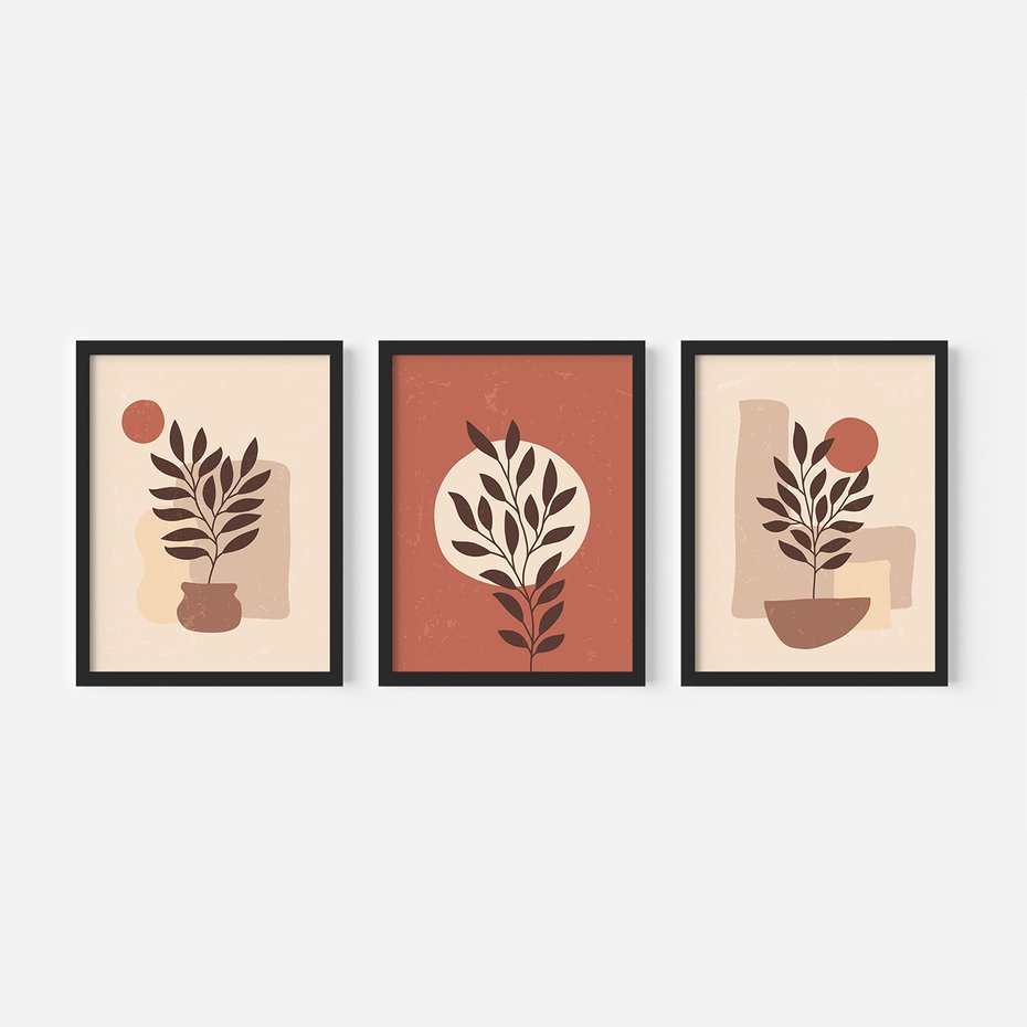 Zestaw obrazy w ramie, plakaty - liście, roślina, abstrakcja - rama czarna