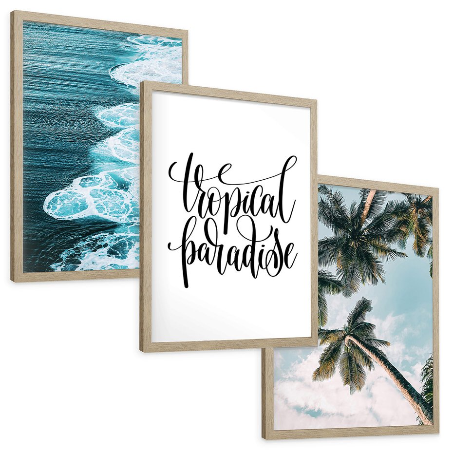 Zestaw obrazy w ramie, plakaty - tropikalny, morze, palmy - rama drewno