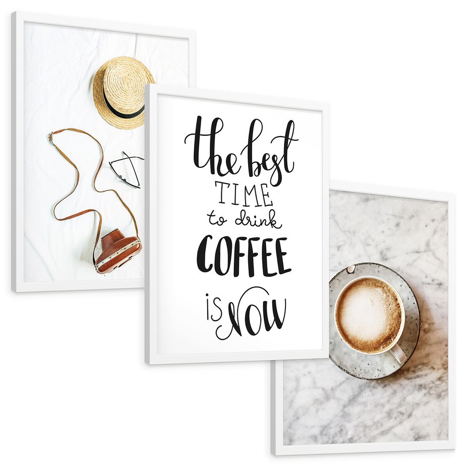 Zestaw obrazy w ramie, plakaty - vintage, kawa, tekst - rama biała