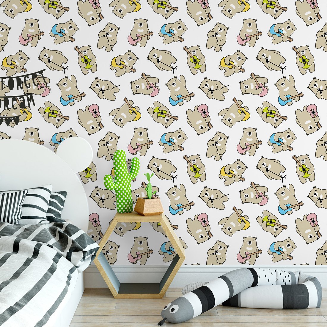 Tapeta - dziecięca, niedźwiedzie, gitary, mikrofony