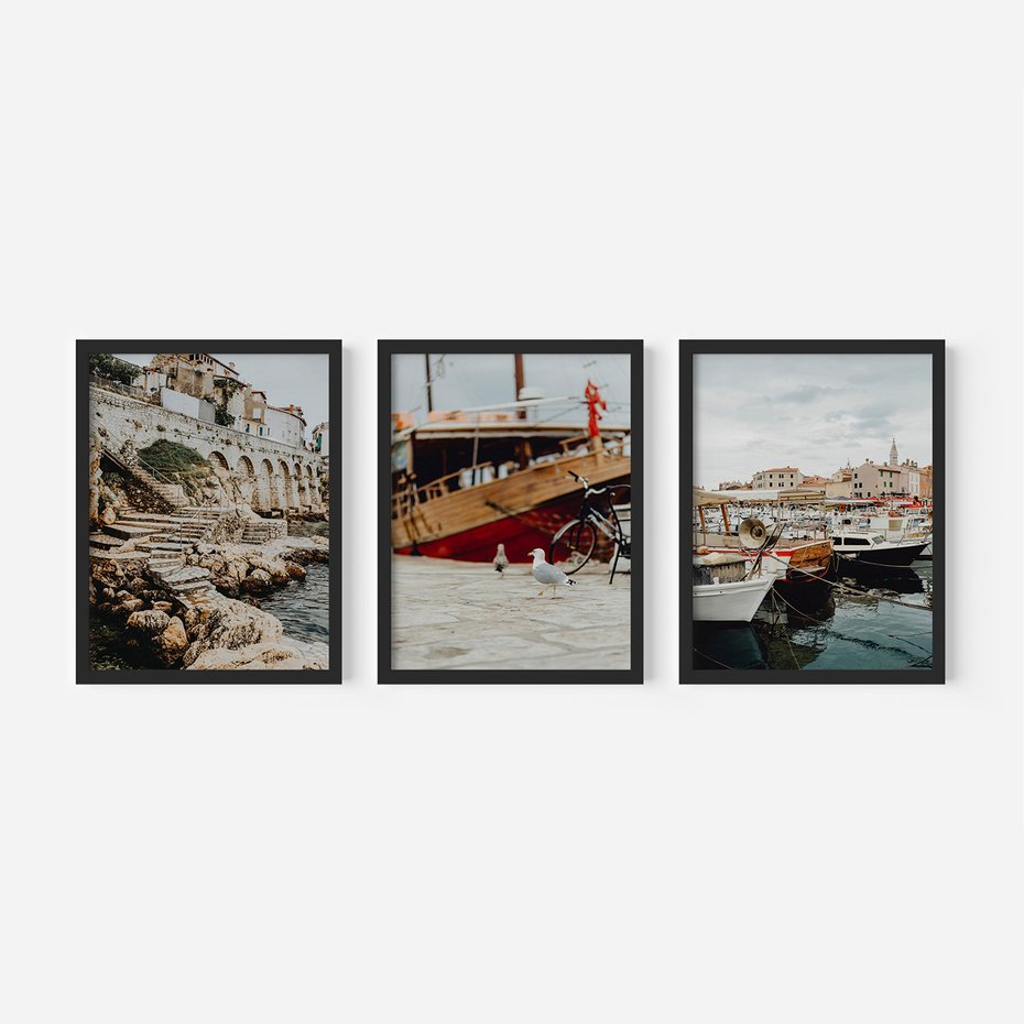 Zestaw obrazy w ramie, plakaty - miasto, port, morze - rama czarna