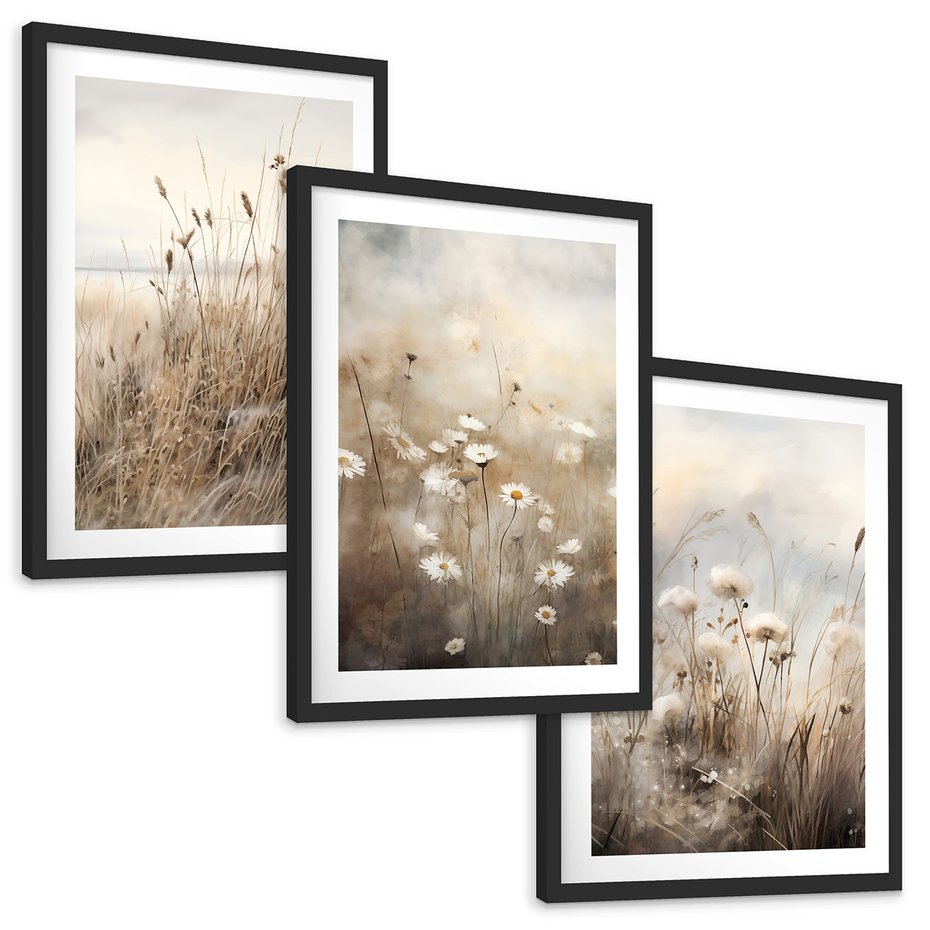 Zestaw obrazy w ramie, plakaty - kwiaty, trawa, delikatne - rama czarna