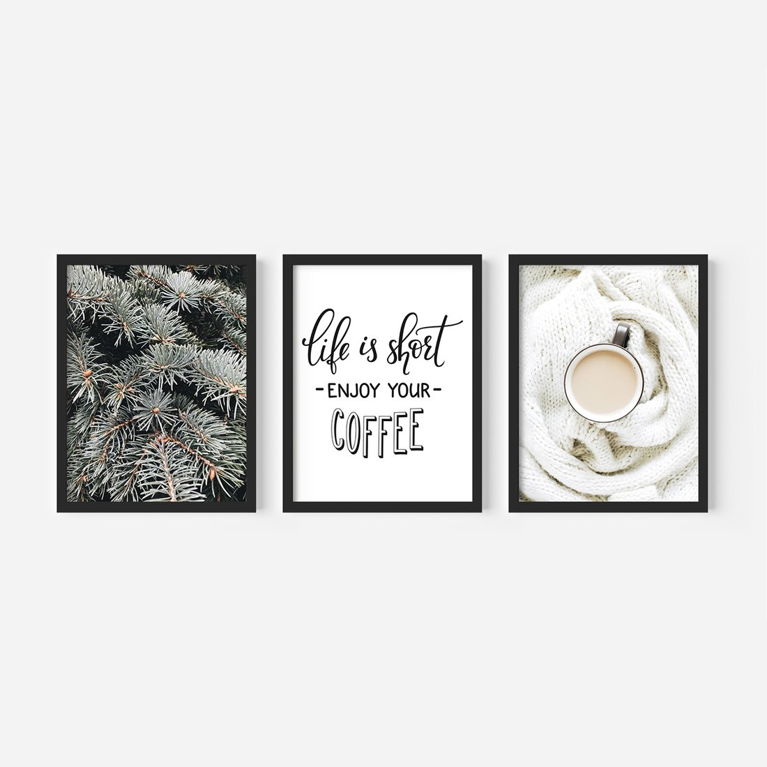Zestaw obrazy w ramie, plakaty - igły, kawa, sweter - rama czarna