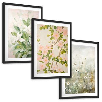 Zestaw obrazy w ramie, plakaty - kwiaty, rośliny, pastelowe - rama czarna