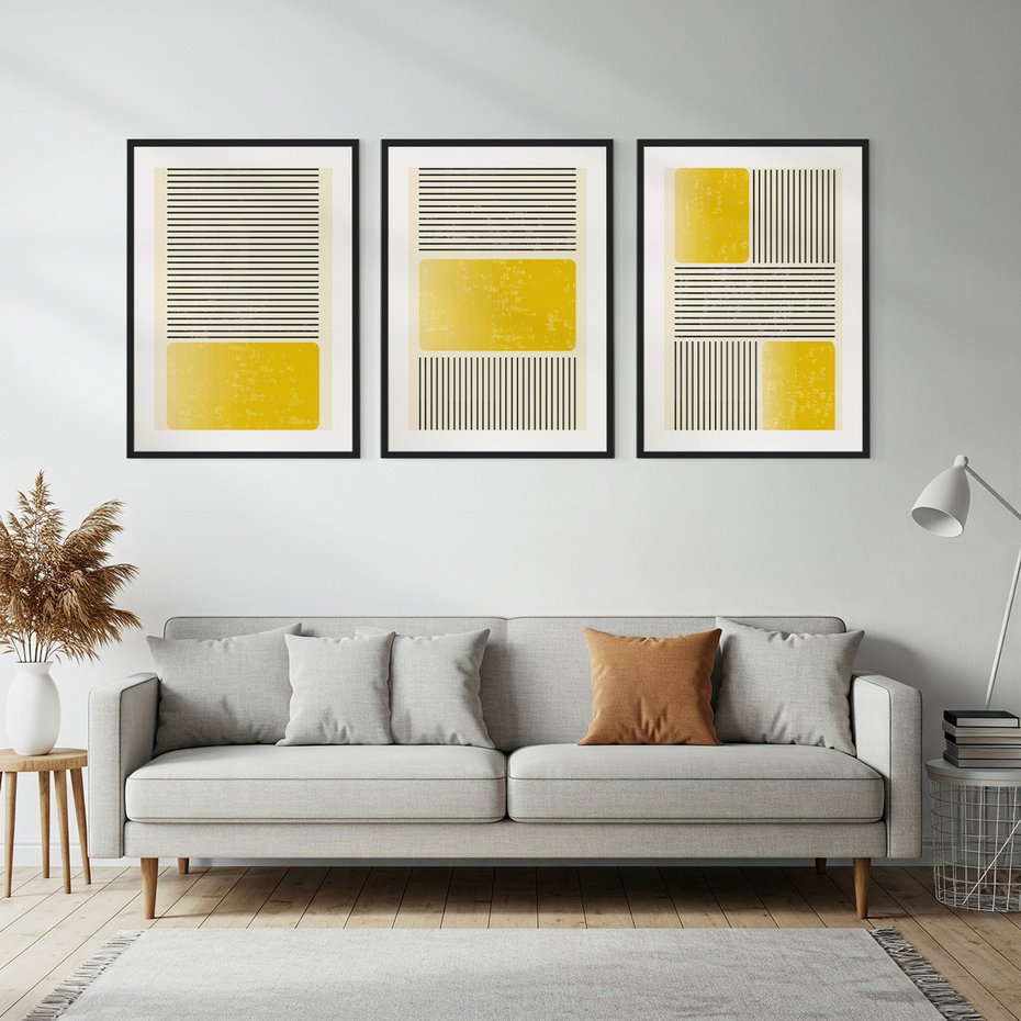 Zestaw obrazy w ramie, plakaty - linie, geometryczny, abstrakcja - rama czarna