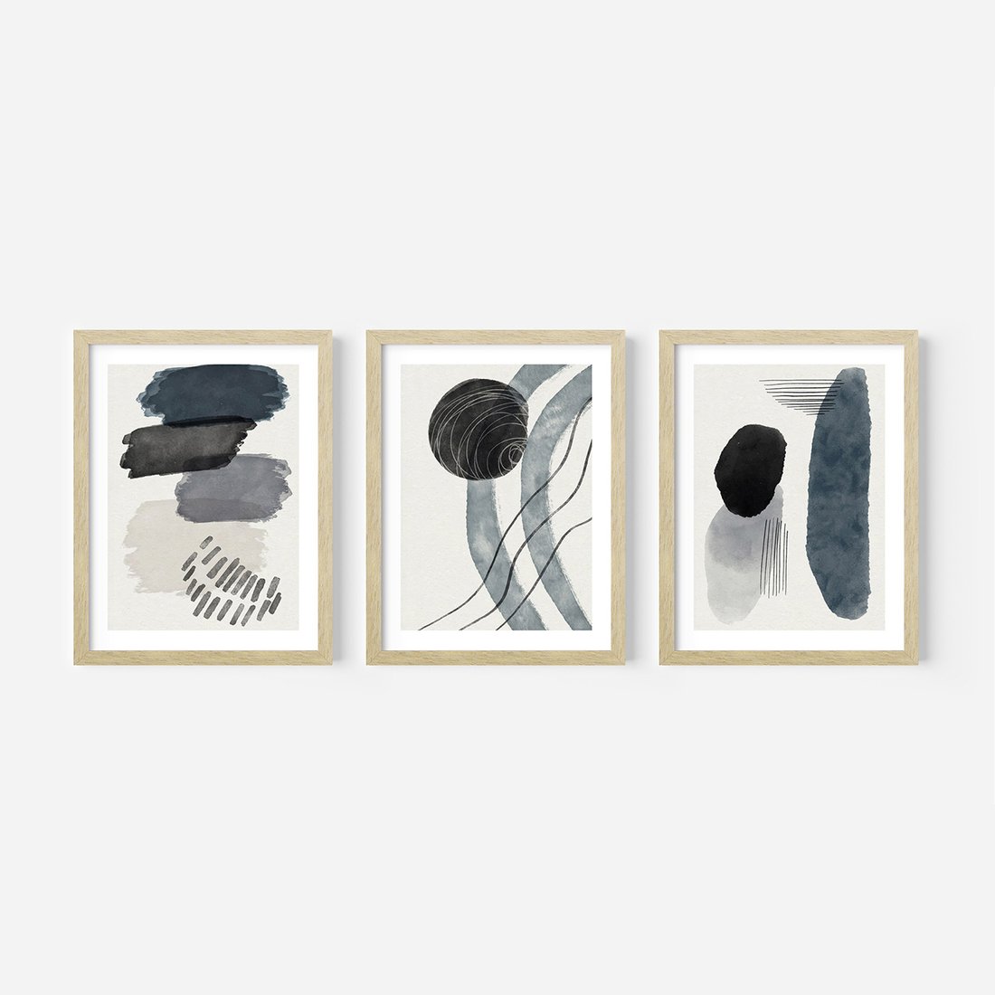 Zestaw obrazy w ramie, plakaty - abstrakcja, kształty, geometria - rama drewno