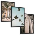 Zestaw obrazy w ramie, plakaty - palmy, deski surfingowe, plaża - rama czarna