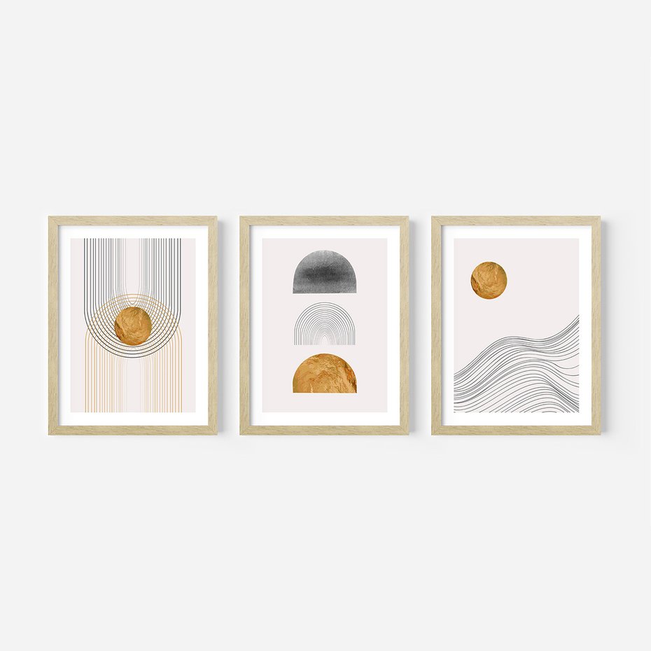 Zestaw obrazy w ramie, plakaty - abstrakcja, geometryczne, linie - rama drewno