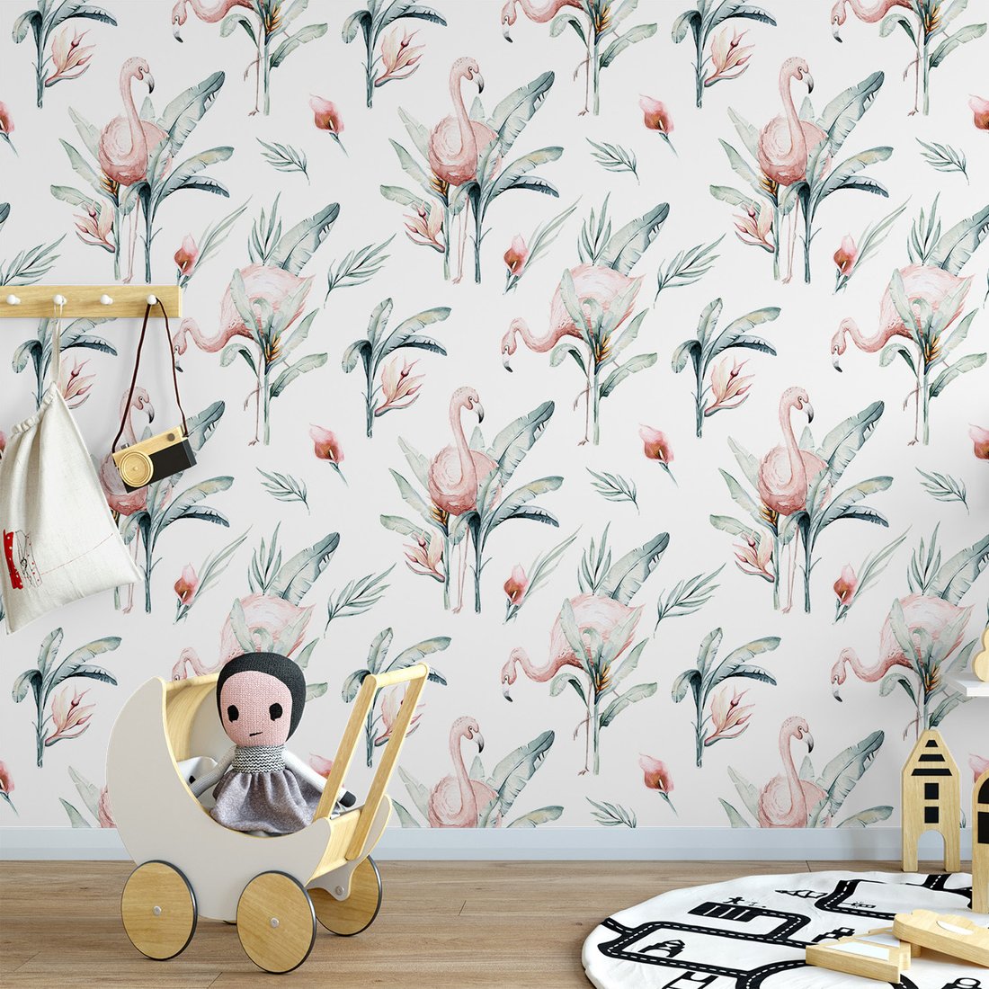 Tapeta - flamingo, liście, kwiaty
