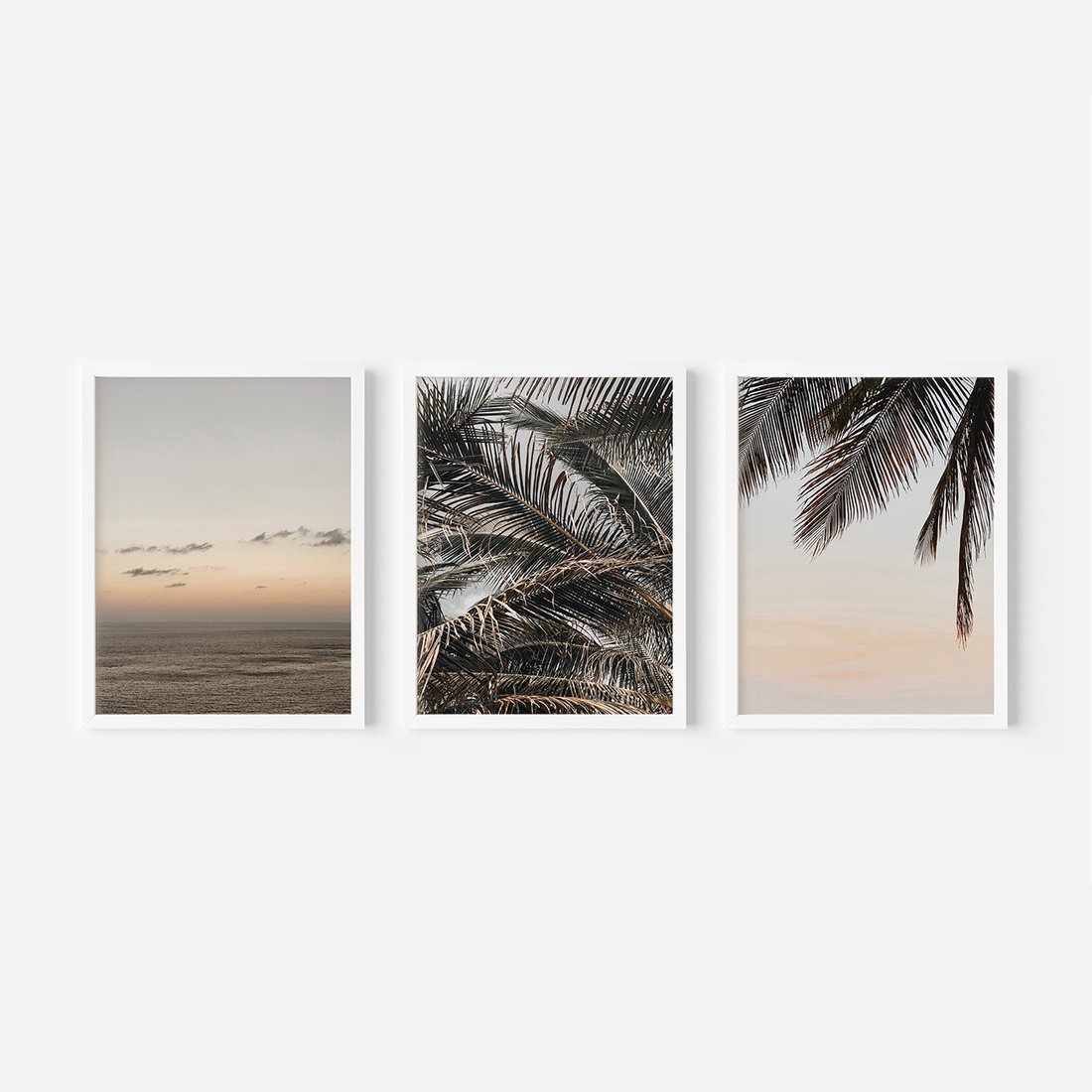 Zestaw obrazy w ramie, plakaty - palmy, ocean, liście - rama biała