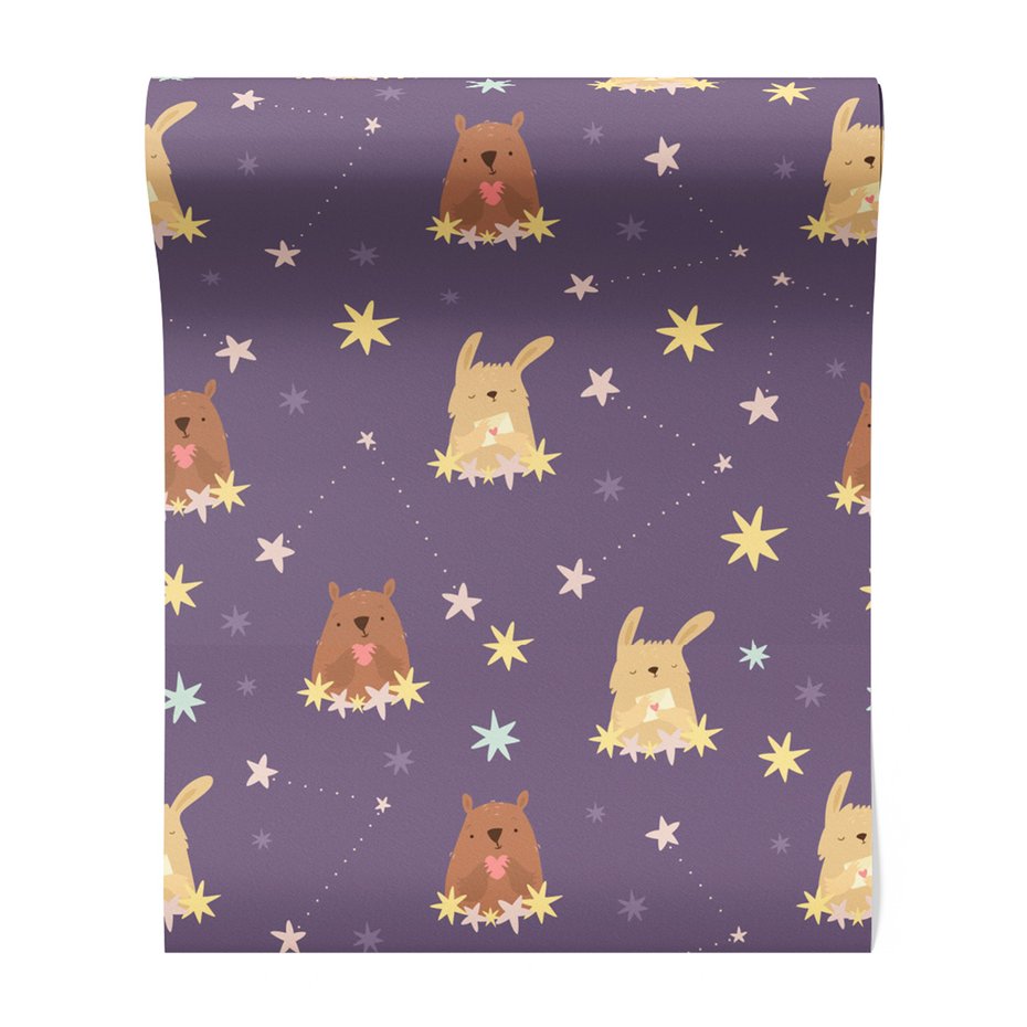 Tapeta - dziecięca, królik, gwiazdy, misie