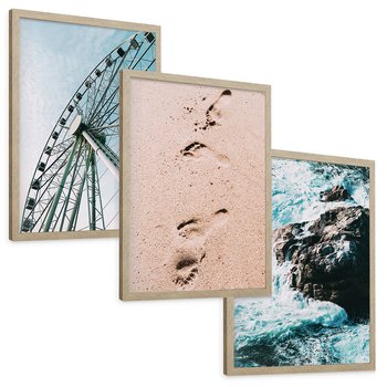 Zestaw obrazy w ramie, plakaty - atrakcje, piasek, morze - rama drewno