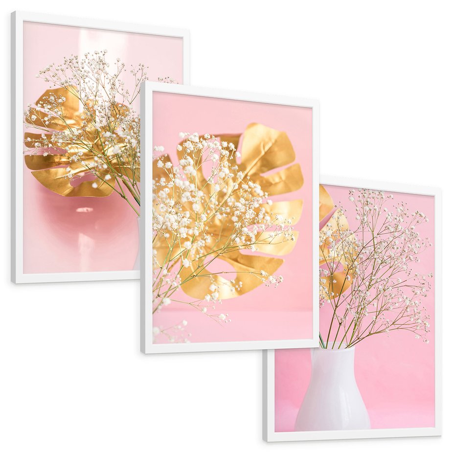 Zestaw obrazy w ramie, plakaty - kwiaty, liście, złoty - rama biała
