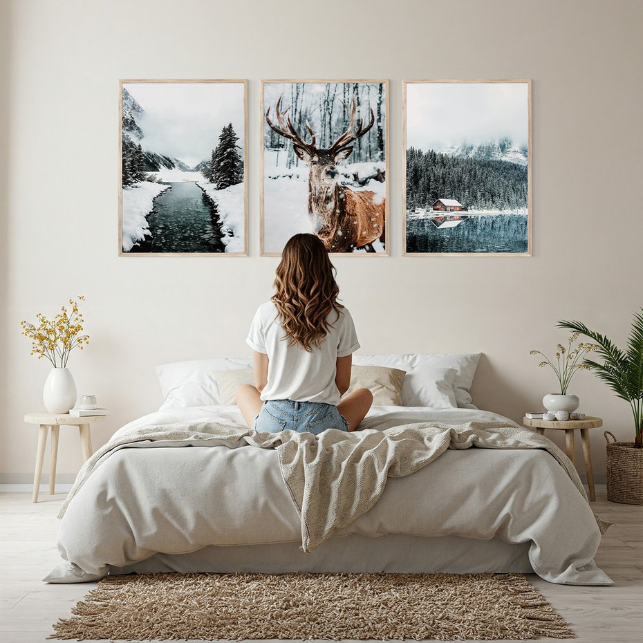 Zestaw obrazy w ramie, plakaty - zima, śnieg, krajobraz - rama drewno