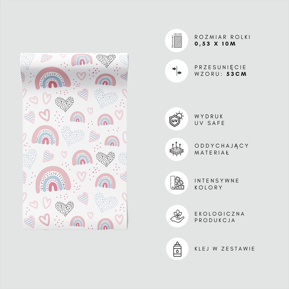 Tapeta - dziecięca, serca, tęcze, kropki