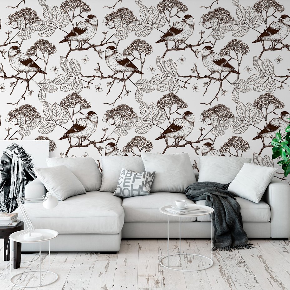 Tapeta - ptaki, gałąź, kwiaty