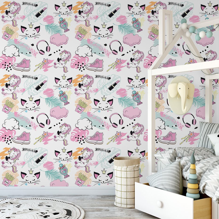 Tapeta - dziecięca, jednorożec, kot, słuchawki