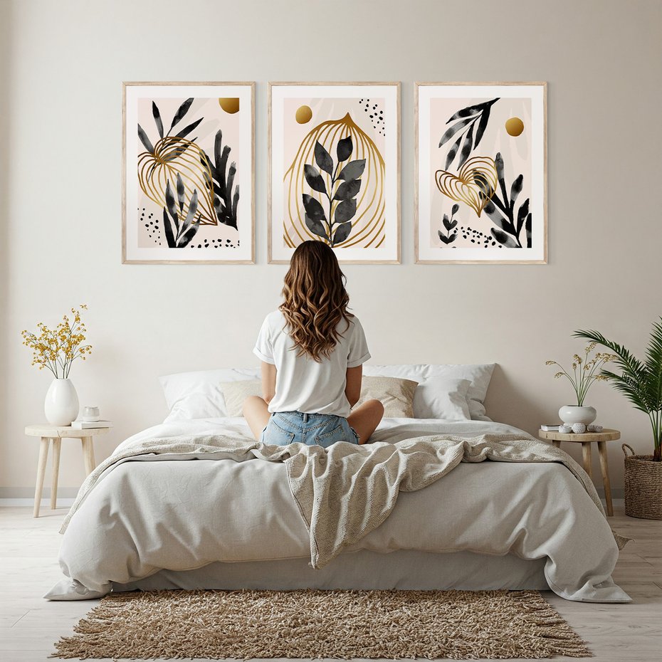 Zestaw obrazy w ramie, plakaty - liście, złoto, abstrakcja - rama drewno