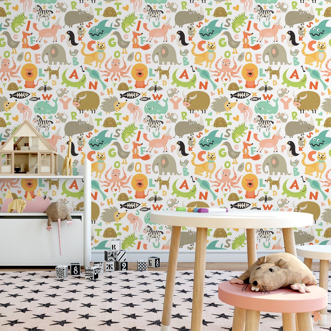 Tapeta - dziecięca, zwierzęta, litery, wzór