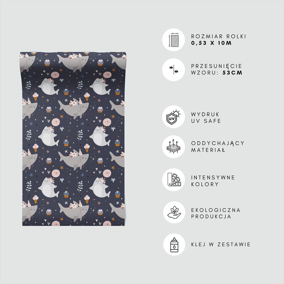 Tapeta - dziecięca, rekin, babeczka, gwiazdy