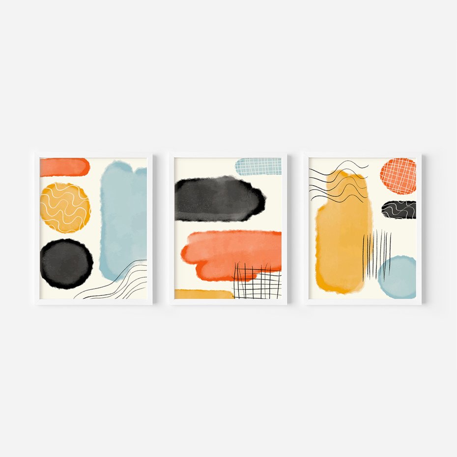 Zestaw obrazy w ramie, plakaty - abstrakcja, pastelowe, geometryczne - rama biała